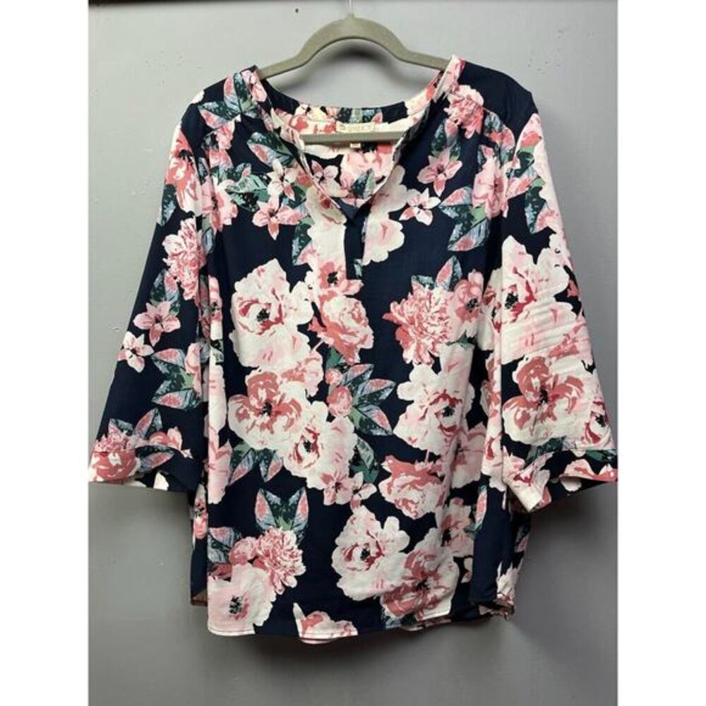 Eliane Rose Floral Top Womens 2X Blouse 3/4‎ Sleeves V neck Colorful Cottage